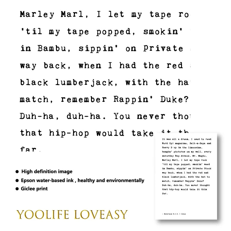 Biggie Smalls Notorious B.I.G Posters and Prints Hip Hop Music Lyrics Quote Black White Wall Art Canvas Painting Home Decor