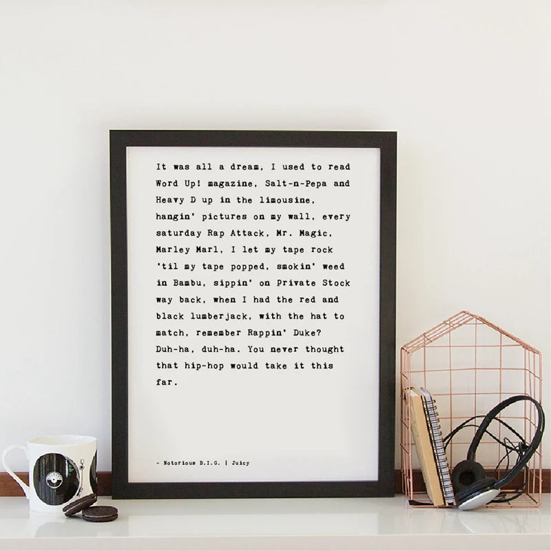 Biggie Smalls Notorious B.I.G Posters and Prints Hip Hop Music Lyrics Quote Black White Wall Art Canvas Painting Home Decor