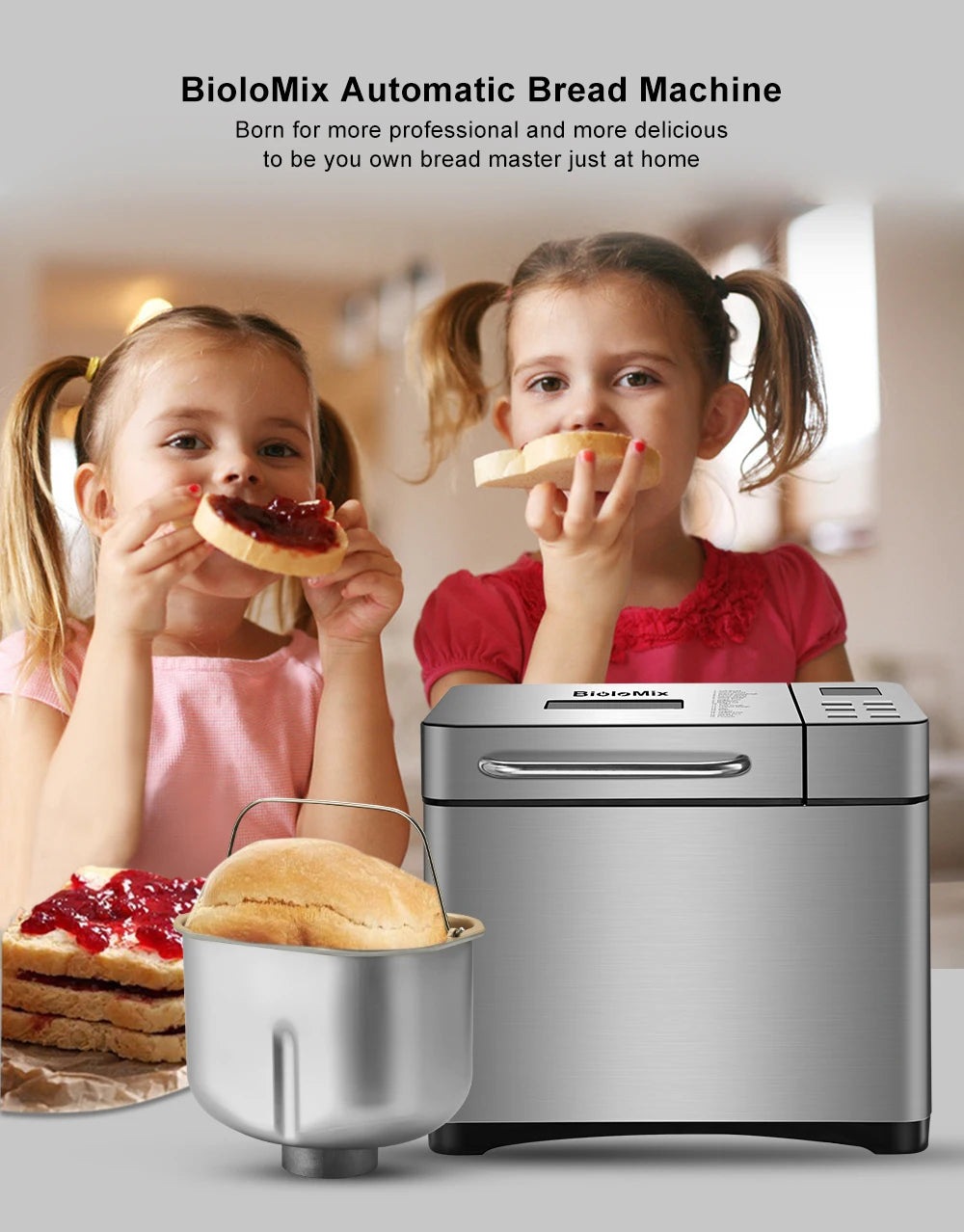 Biolomix 1KG 19-in-1 Stainless Steel Automatic Bread Maker 650W Programmable with Fruit Nut Dispenser Kitchen Appliance