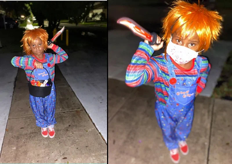 Movie Horror Chucky Halloween Girl Costume, Child Play Toddler Chucky Costume Gift with Scar Tattoo Sticker Gift