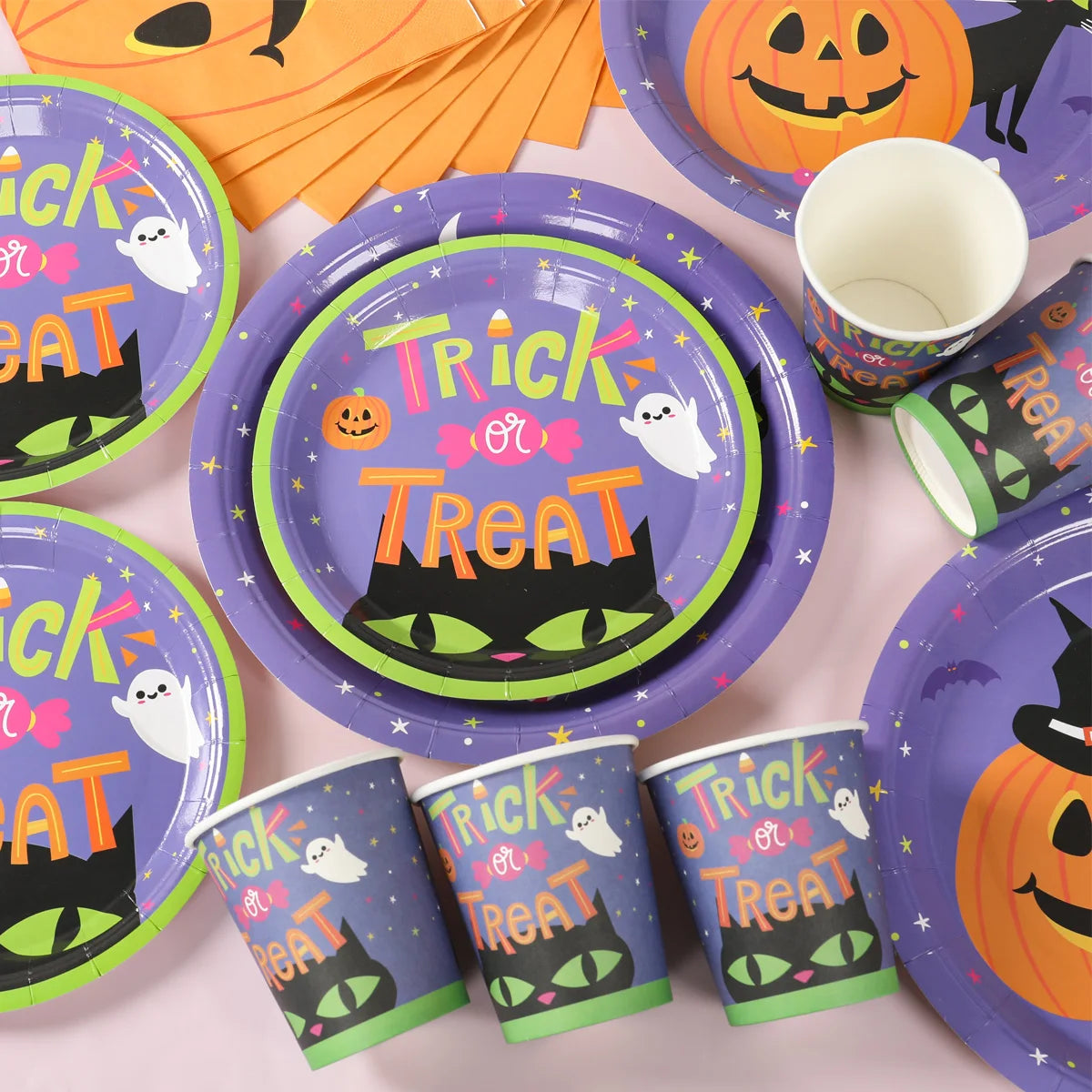 Halloween Pumpkin Black Cat Disposable Tableware Set Halloween Party Decor Kids Favors Trick or Treat Paper Plates Cup Napkins