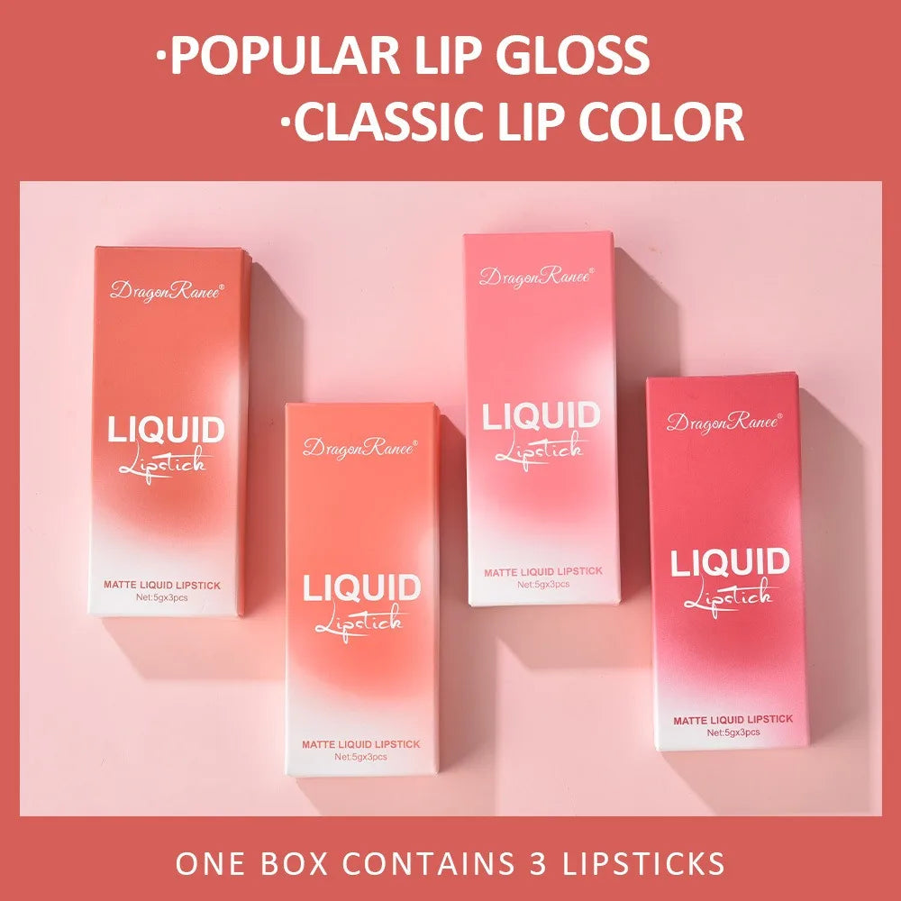 3Pcs/box Liquid Lipstick Set Matte Velvet Lip Gloss Set Waterproof Liquid Lipstick Lip Non Stick Cup Lip Gloss Makeup