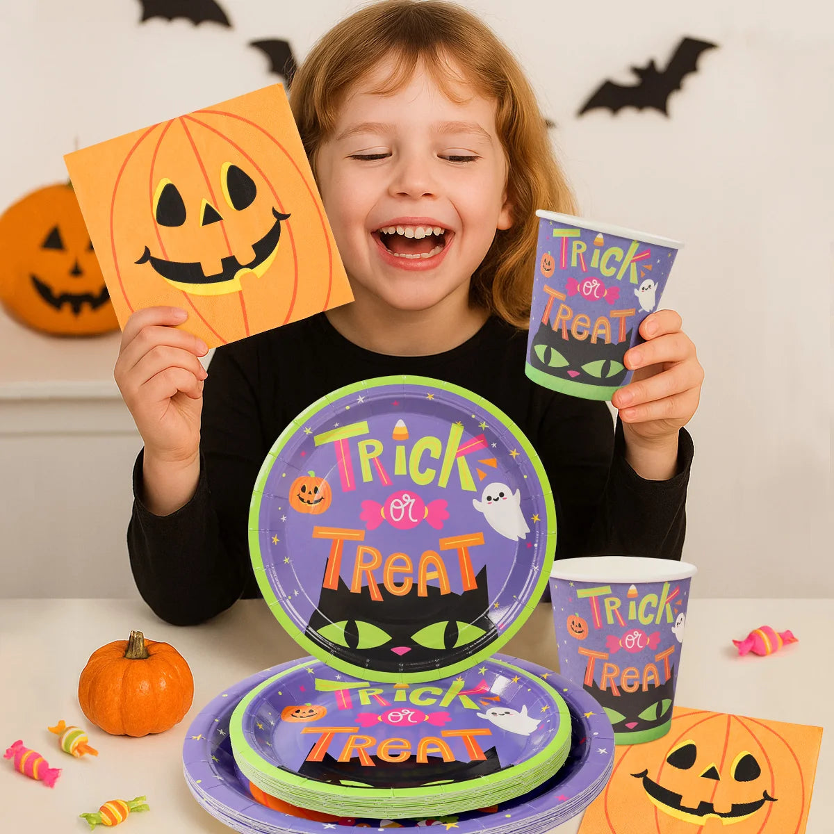 Halloween Pumpkin Black Cat Disposable Tableware Set Halloween Party Decor Kids Favors Trick or Treat Paper Plates Cup Napkins