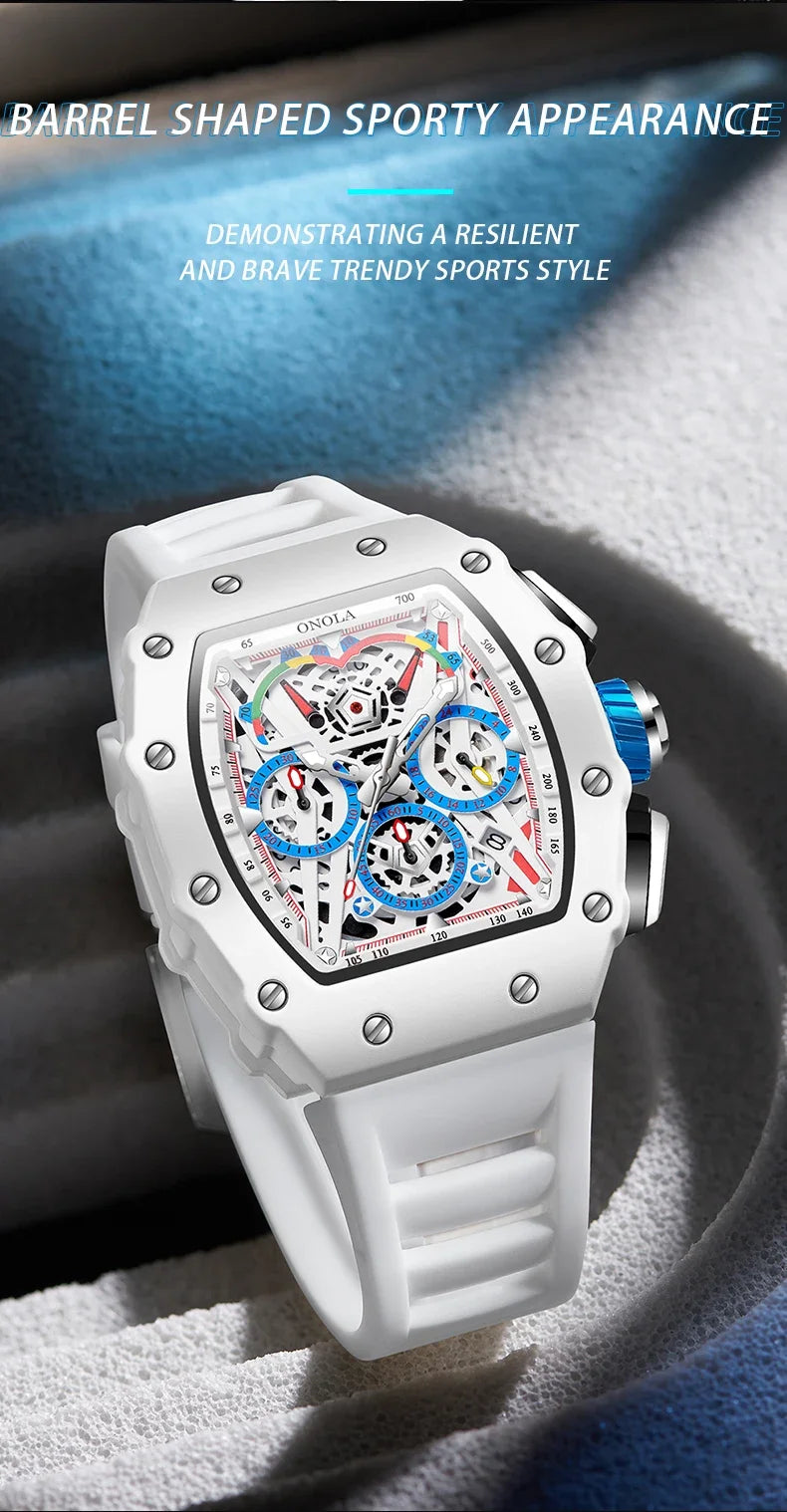 Luxury Watch Men's ONOLA Fashion Casual Multifunctional Silicone Tape Waterproof Quartz Watch White