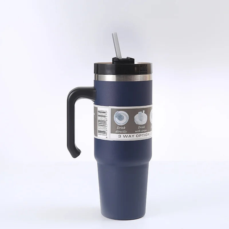 20oz/30oz Stainless Steel Car Thermos Bottle Travel Sports Water Bottle Large Capacity with Handle Straw Mug Outdoor Coffee Cup