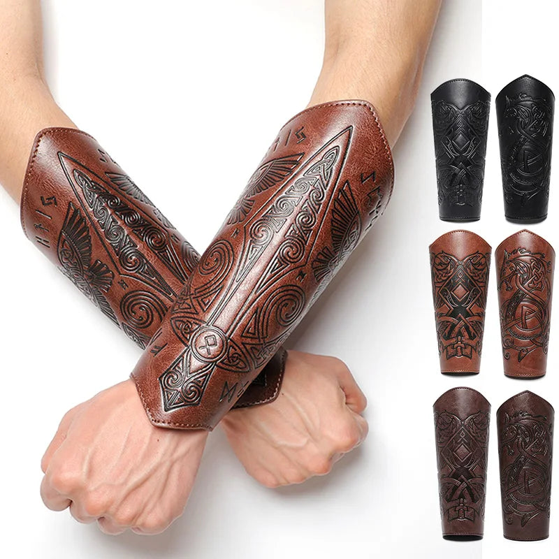 Medieval PU Leather Gauntlet Wristband Medieval Arm Bracers Punk Bracer Wrist Guards for Halloween Warrior Knight Photo Props