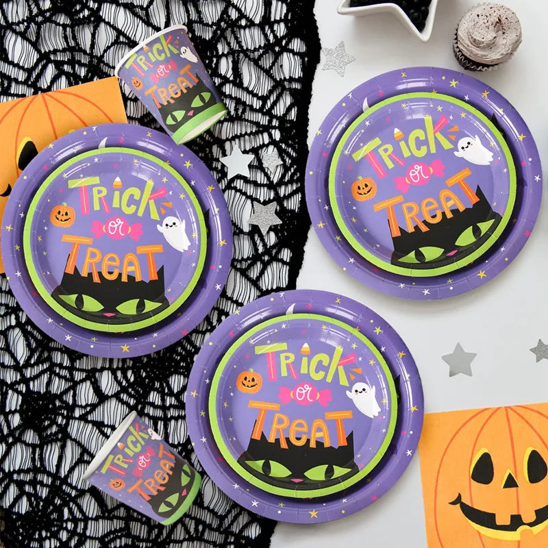 Halloween Pumpkin Black Cat Disposable Tableware Set Halloween Party Decor Kids Favors Trick or Treat Paper Plates Cup Napkins