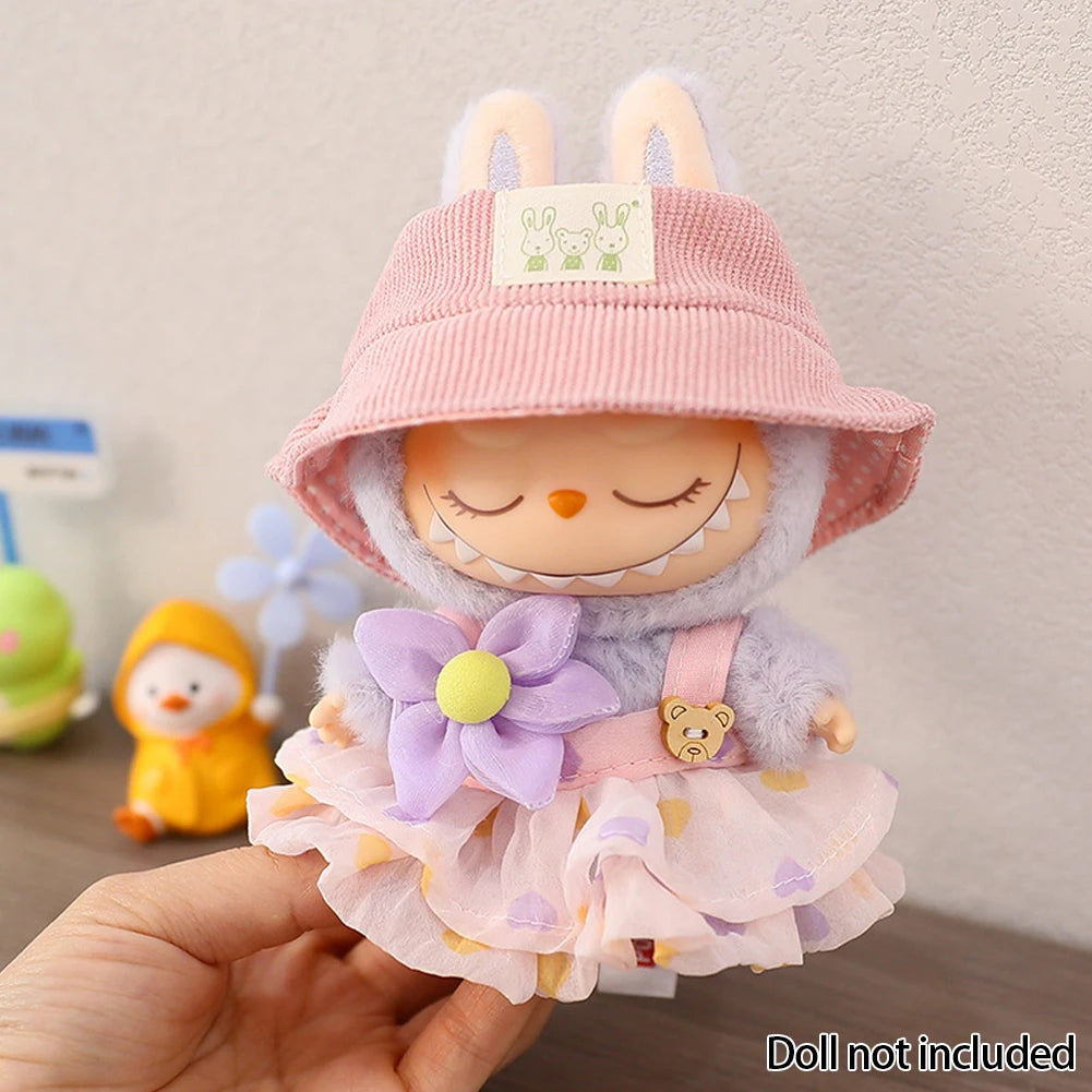 For 17cm Labubu Doll Outfit Wrinkled Skirt Flower Hairpin Set Fisherman Hat Labubu Clothes Ropa Labubu