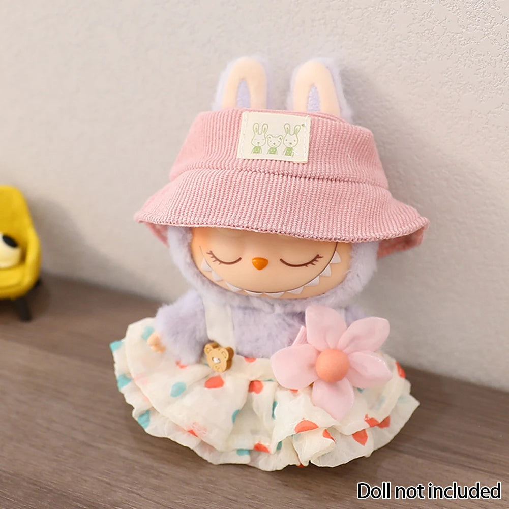 For 17cm Labubu Doll Outfit Wrinkled Skirt Flower Hairpin Set Fisherman Hat Labubu Clothes Ropa Labubu