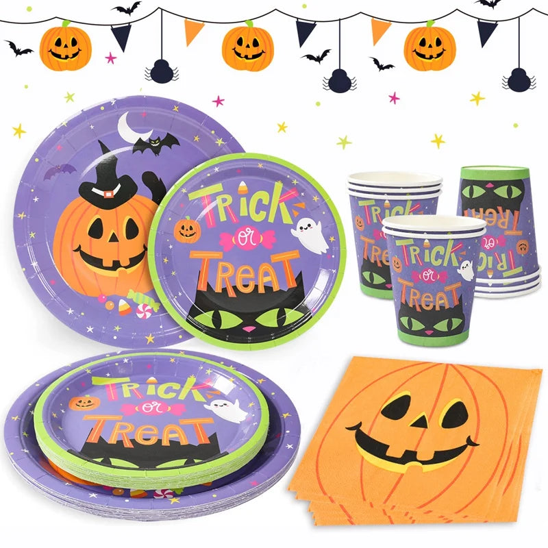 Halloween Pumpkin Black Cat Disposable Tableware Set Halloween Party Decor Kids Favors Trick or Treat Paper Plates Cup Napkins
