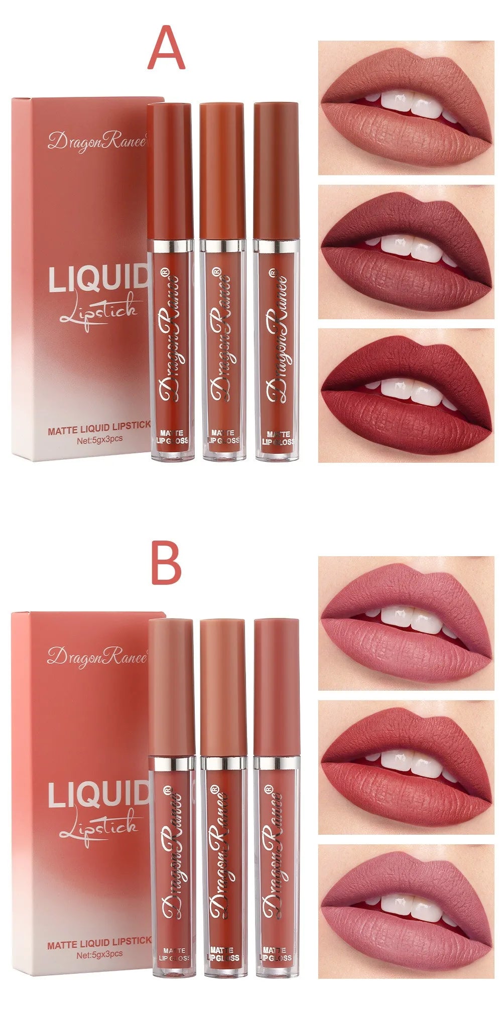 3Pcs/box Liquid Lipstick Set Matte Velvet Lip Gloss Set Waterproof Liquid Lipstick Lip Non Stick Cup Lip Gloss Makeup