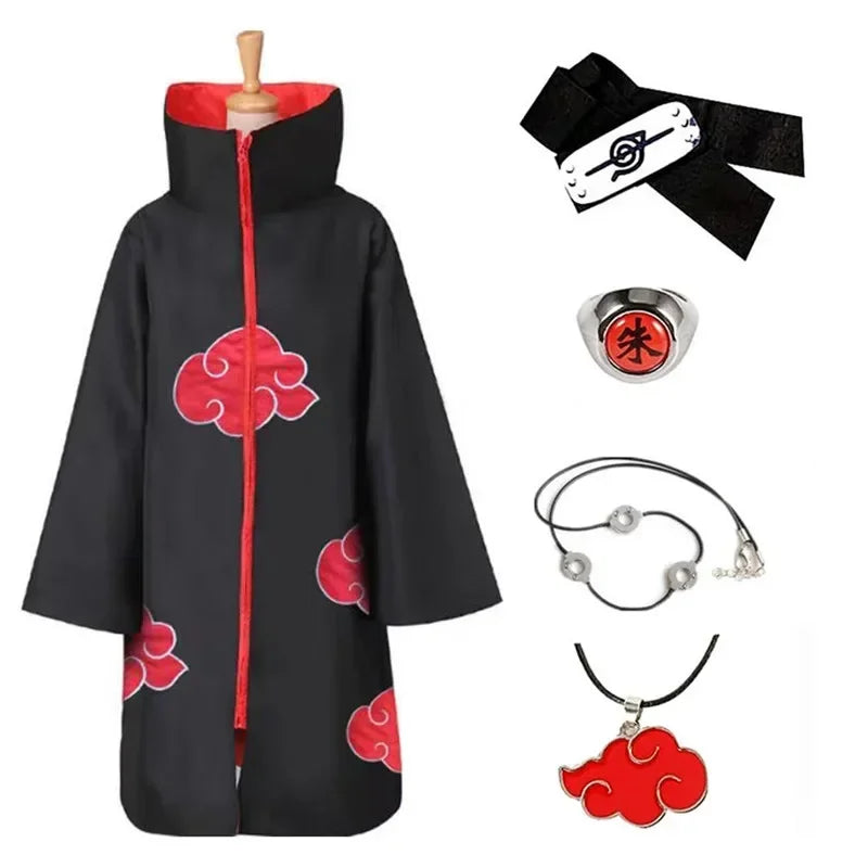 Cartoon Embroidered Standing Collar Red Cloud Cloak Robe Costume Men Kid Halloween Role Play with Rings Headdress Necklace Props