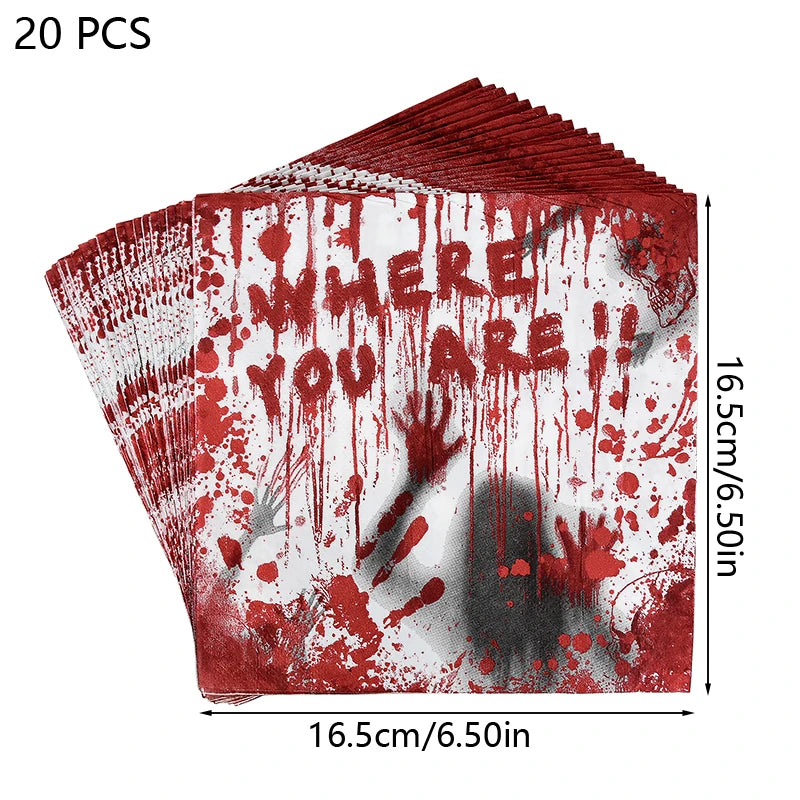 Halloween Party Disposable Tableware Scary Bloody Handprint Paper Plates Cups Popcorn Box For Halloween Horror Party Decor Props