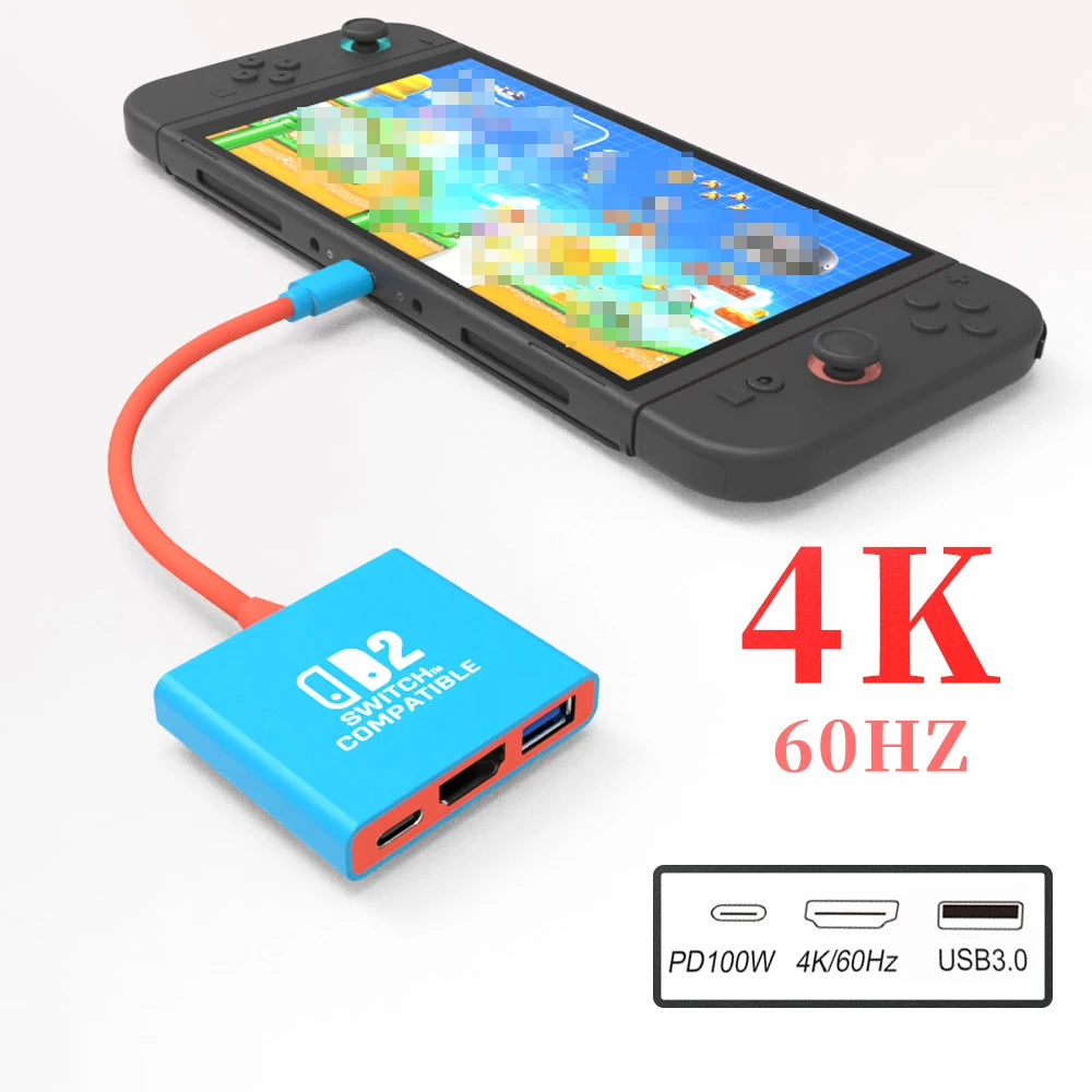 3-in-1 Portable Hub Adapter HYC-338 for Switch 2,Switch,Switch OLED with 4K,HDMI, USB 3.0 Ports.Supports 100W PD & Fast Charging