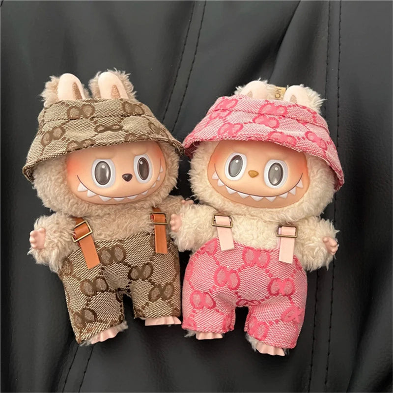 17cm For Labubu Doll Clothing Skirt Bowhair Accessory Set Retro Bib Pants Clothes Luxury Messenger Bag Shoes Set Sitting Party
