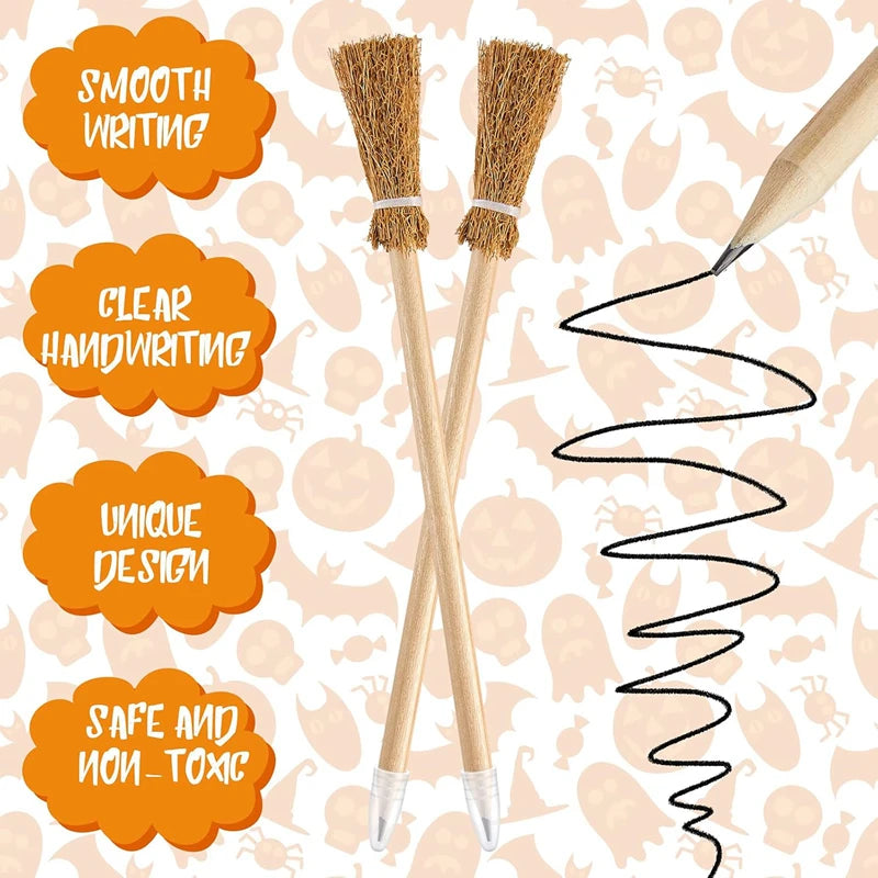 10Pcs Witch Broom Shaped Wooden Pencils Kids Halloween Birthday Party Favors Gift Goodie Bag Filler Writing Pencils School Prize