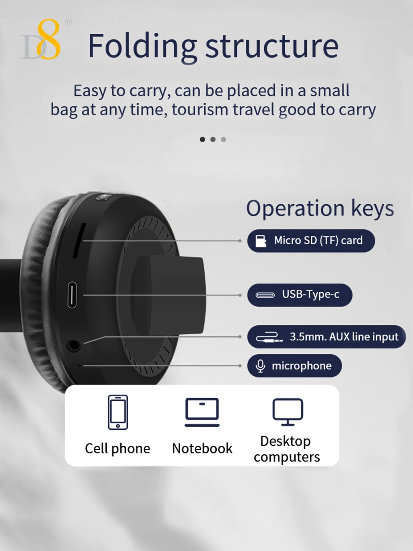 D8 Over Ear Headphones, Wireless and Wired Headset Built-in Microphone, Micro SD Card Slot - (Stealth) 40H Playtime