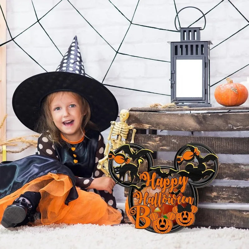 Happy Halloween Mouse Door Sign - Hollow-Out Wooden Decor with Black Cat, Mouse Bat & Pumpkin BOO for Porch or Wall Hanging