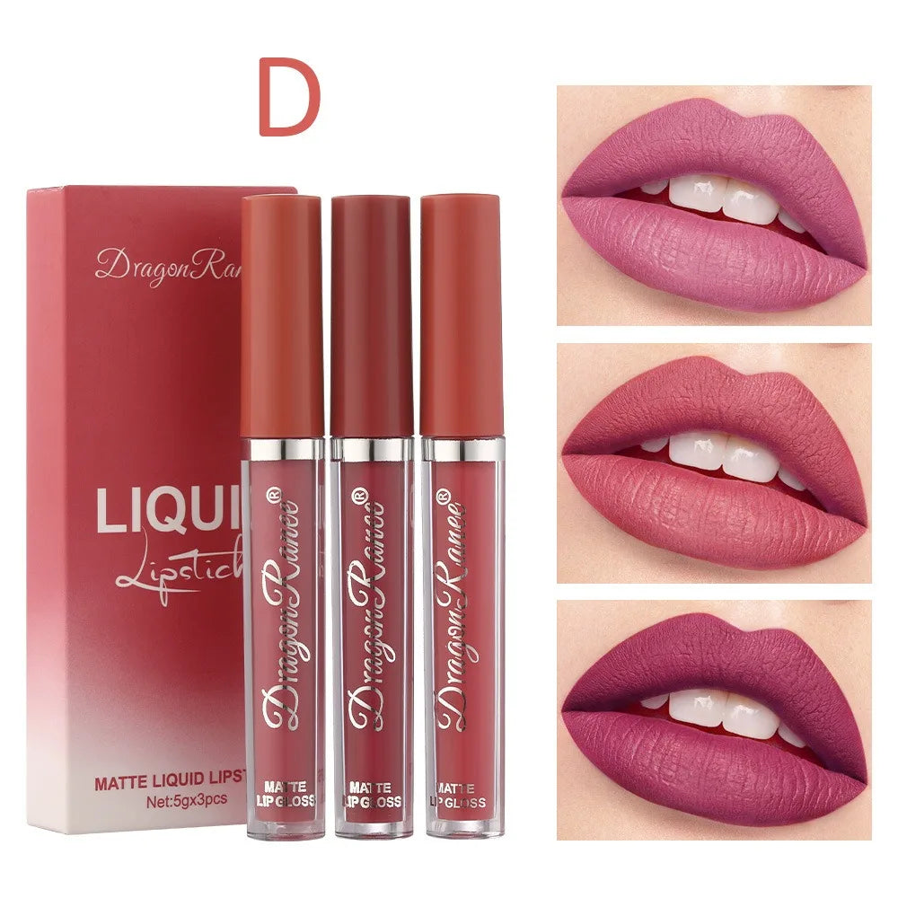3Pcs/box Liquid Lipstick Set Matte Velvet Lip Gloss Set Waterproof Liquid Lipstick Lip Non Stick Cup Lip Gloss Makeup