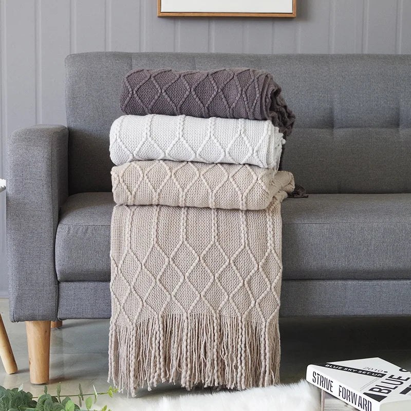 Khaki Gift Knitted Blanket with Tassels Chunky Vintage Luxury Farmhouse Throw Bedspread Oversized Blanket Cover Manta Para Sofá