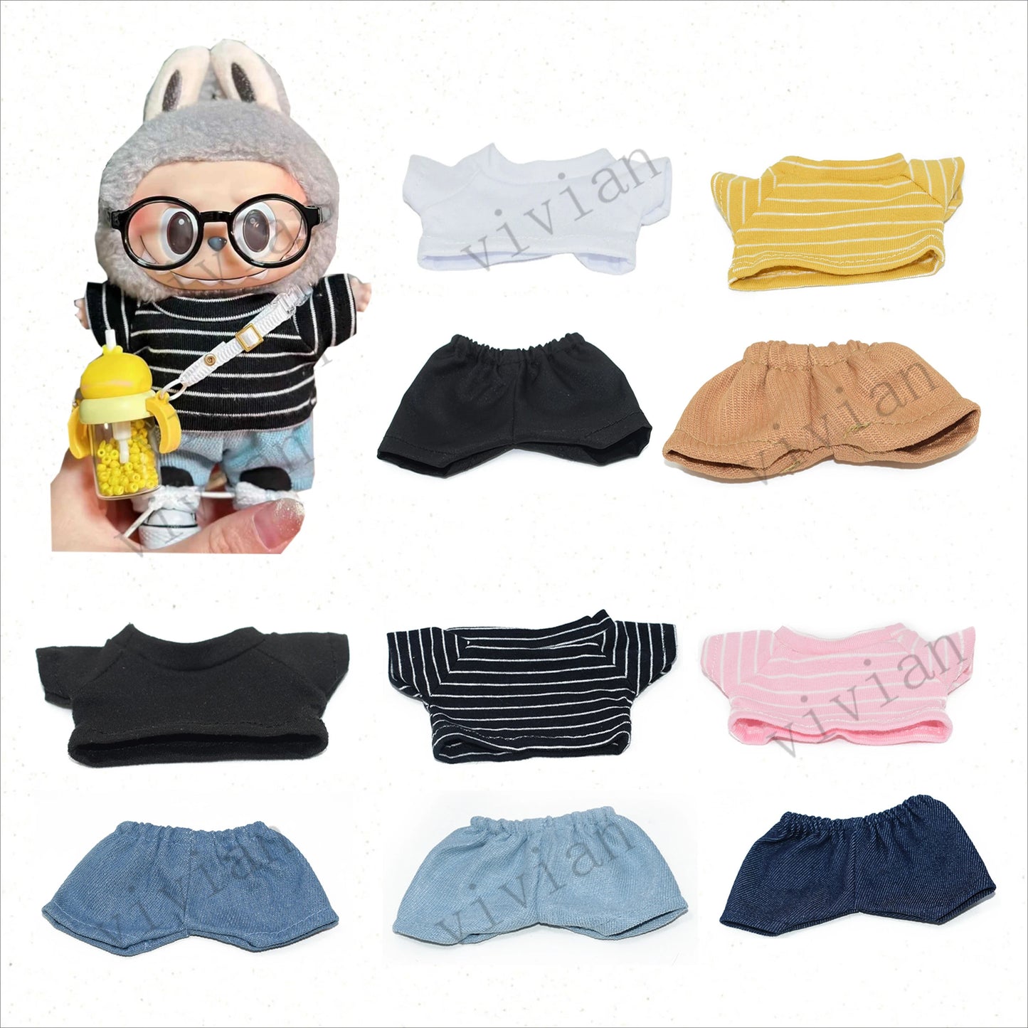 Doll'S Clothes Outfit Accessories For 15-17cm Labubu and 10cm cotton doll Solid color stripes T-shirt top short pants Clothing