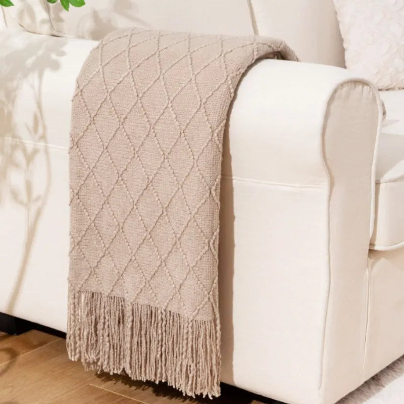 Khaki Gift Knitted Blanket with Tassels Chunky Vintage Luxury Farmhouse Throw Bedspread Oversized Blanket Cover Manta Para Sofá