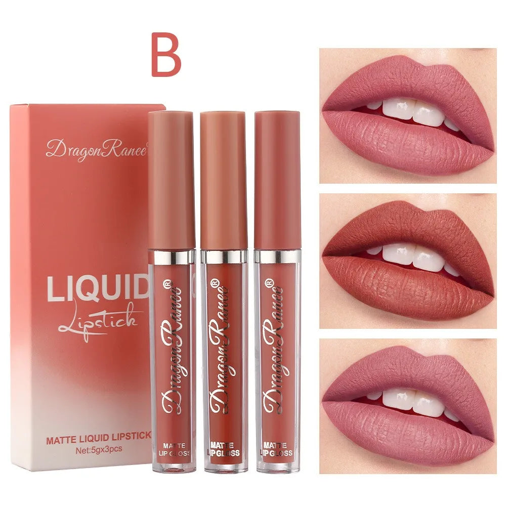 3Pcs/box Liquid Lipstick Set Matte Velvet Lip Gloss Set Waterproof Liquid Lipstick Lip Non Stick Cup Lip Gloss Makeup