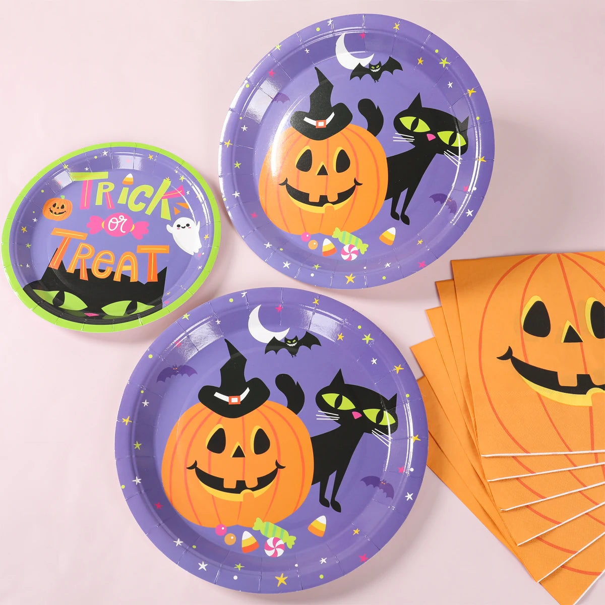 Halloween Pumpkin Black Cat Disposable Tableware Set Halloween Party Decor Kids Favors Trick or Treat Paper Plates Cup Napkins