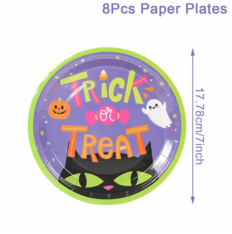 Halloween Pumpkin Black Cat Disposable Tableware Set Halloween Party Decor Kids Favors Trick or Treat Paper Plates Cup Napkins
