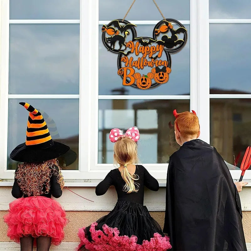 Happy Halloween Mouse Door Sign - Hollow-Out Wooden Decor with Black Cat, Mouse Bat & Pumpkin BOO for Porch or Wall Hanging