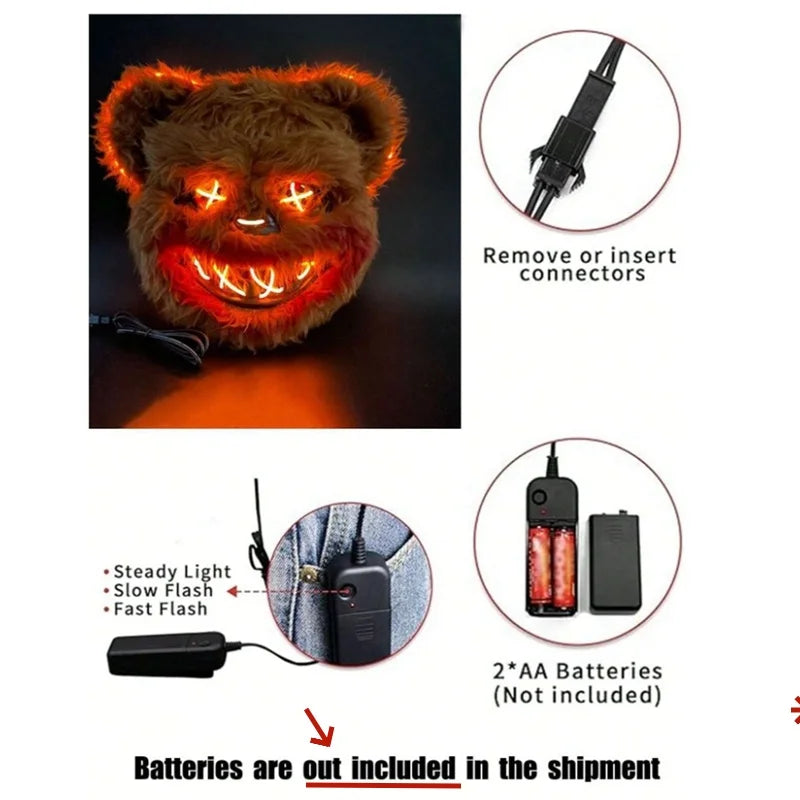 NEW LED Light Halloween Cosplay Face Mask Party Show Stage Make-up Horror Bloody Rabbit Bear Mask Cartoon Carnival Head Cover