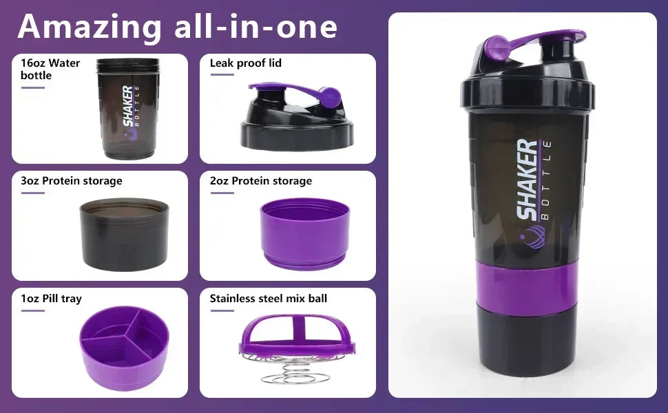 500ml Layered Protein Bottle Powder Shaker with Powder Storage Container Large Water Bottle Water Bottle with Wire Stirring Ball