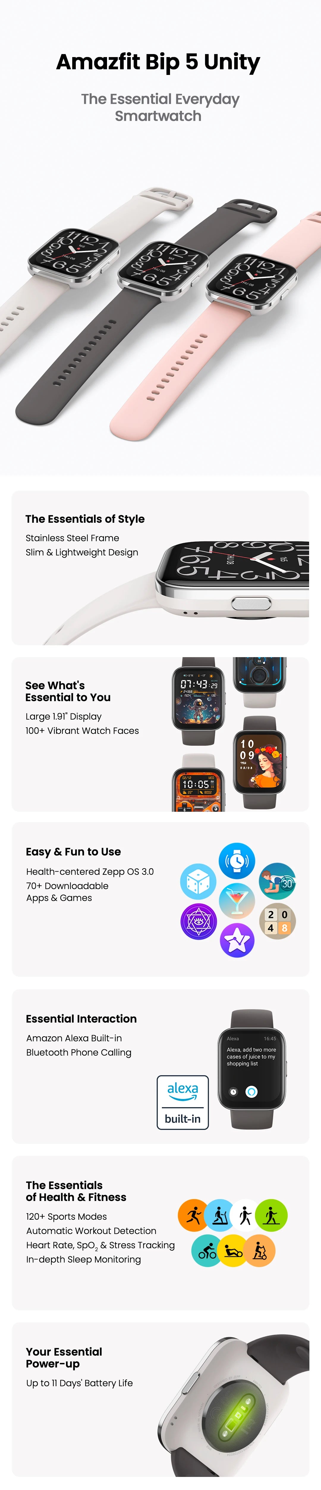 New Amazfit Bip 5 Unity 46mm Smart Watch 120+ Sport Modes 24-hour Health Monitoring Smartwatch For Android IOS Phone