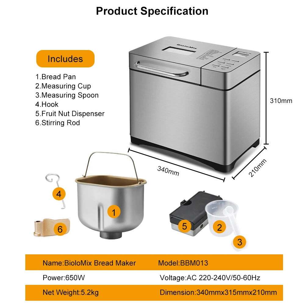 Biolomix 1KG 19-in-1 Stainless Steel Automatic Bread Maker 650W Programmable with Fruit Nut Dispenser Kitchen Appliance