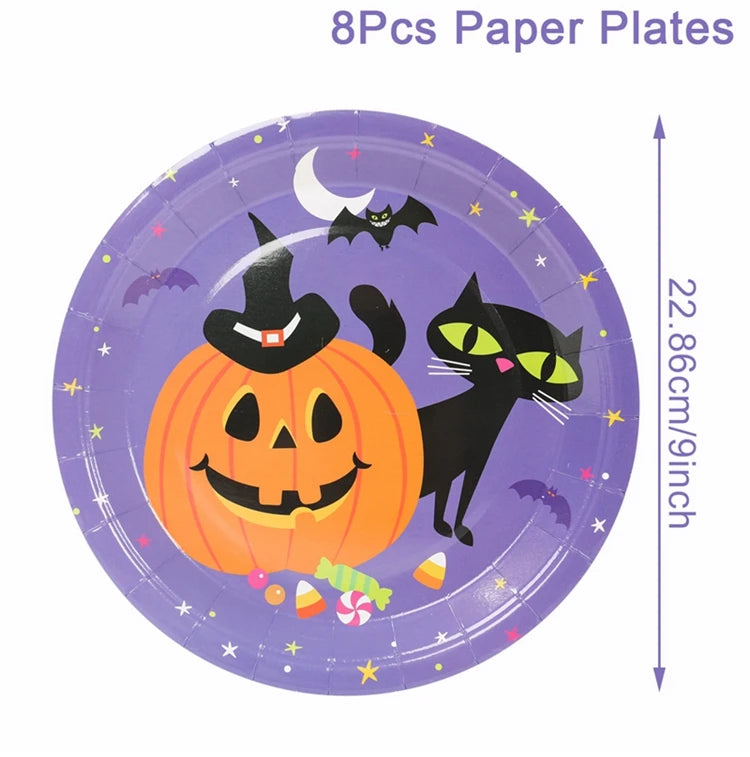 Halloween Pumpkin Black Cat Disposable Tableware Set Halloween Party Decor Kids Favors Trick or Treat Paper Plates Cup Napkins