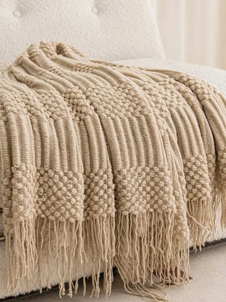 Khaki Gift Knitted Blanket with Tassels Chunky Vintage Luxury Farmhouse Throw Bedspread Oversized Blanket Cover Manta Para Sofá