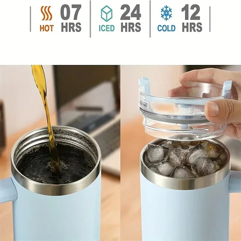40oz Stainless Steel Car Cup Large Capacity Water Cup with Handle and Straw Double-walled Insulated Travel Mug Holiday Gifts