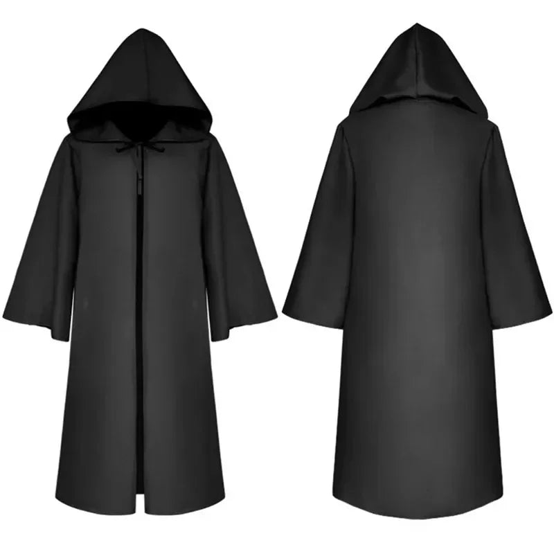 Halloween Medieval Black Robe Cloak Costume Adult Priest Cosplay Hooded Costume and Scary Spooky Loose Cloak for Kids Ladies