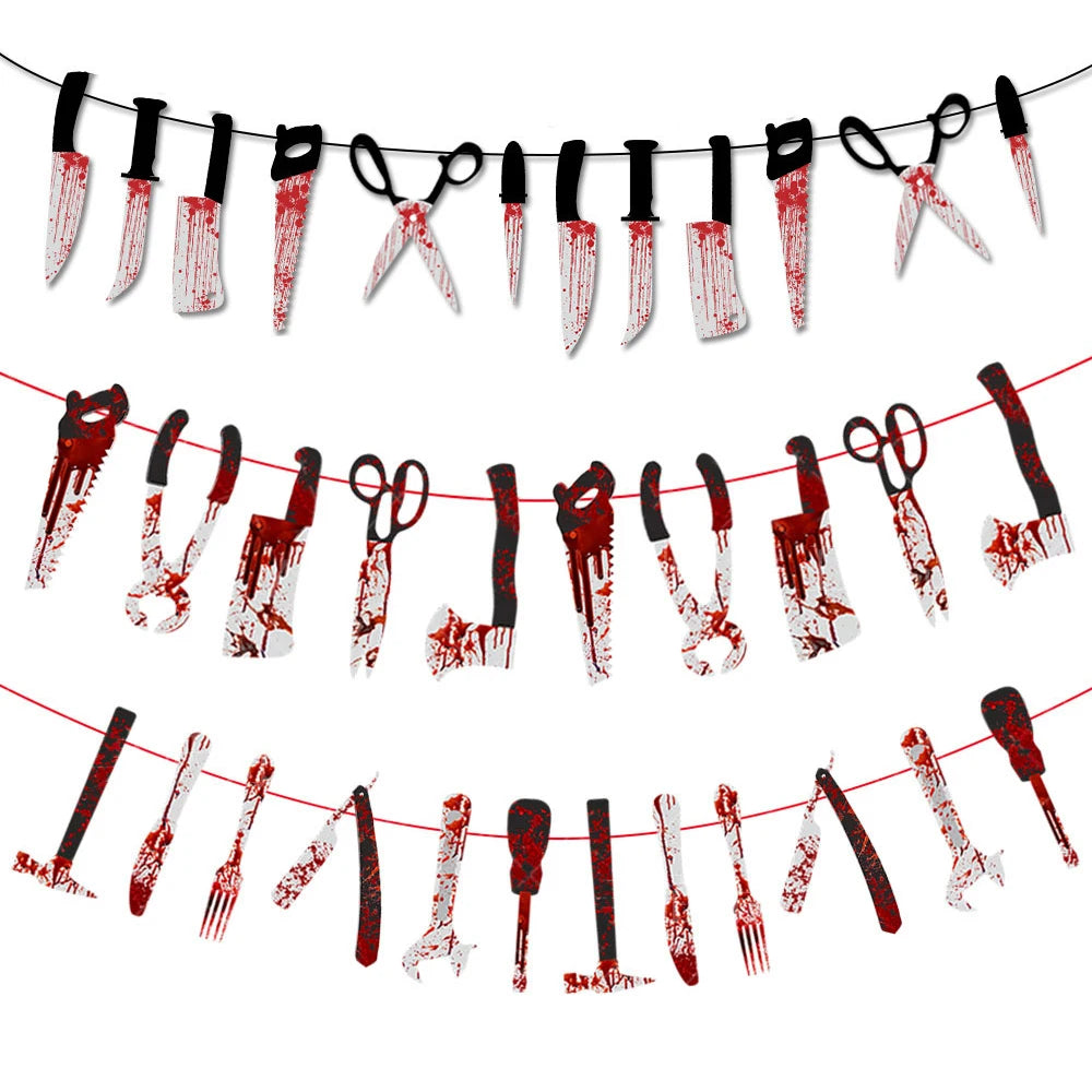 Halloween Terror Banner Blood Hand Foot Knife Skeleton Horror Flag Pulling Ghost Festival Decor Happy Halloween Party Decor