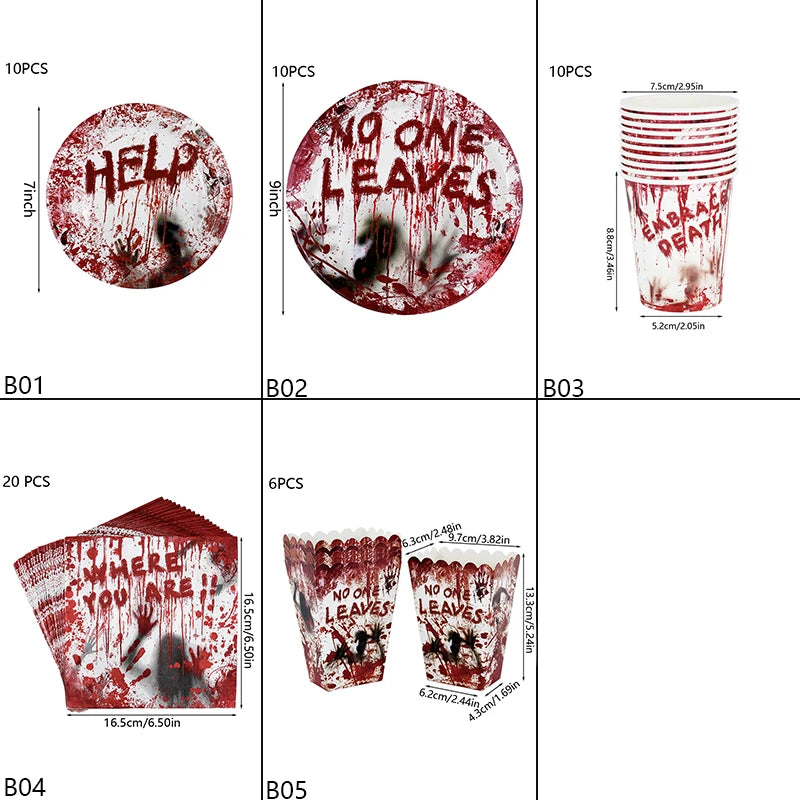 Halloween Party Disposable Tableware Scary Bloody Handprint Paper Plates Cups Popcorn Box For Halloween Horror Party Decor Props