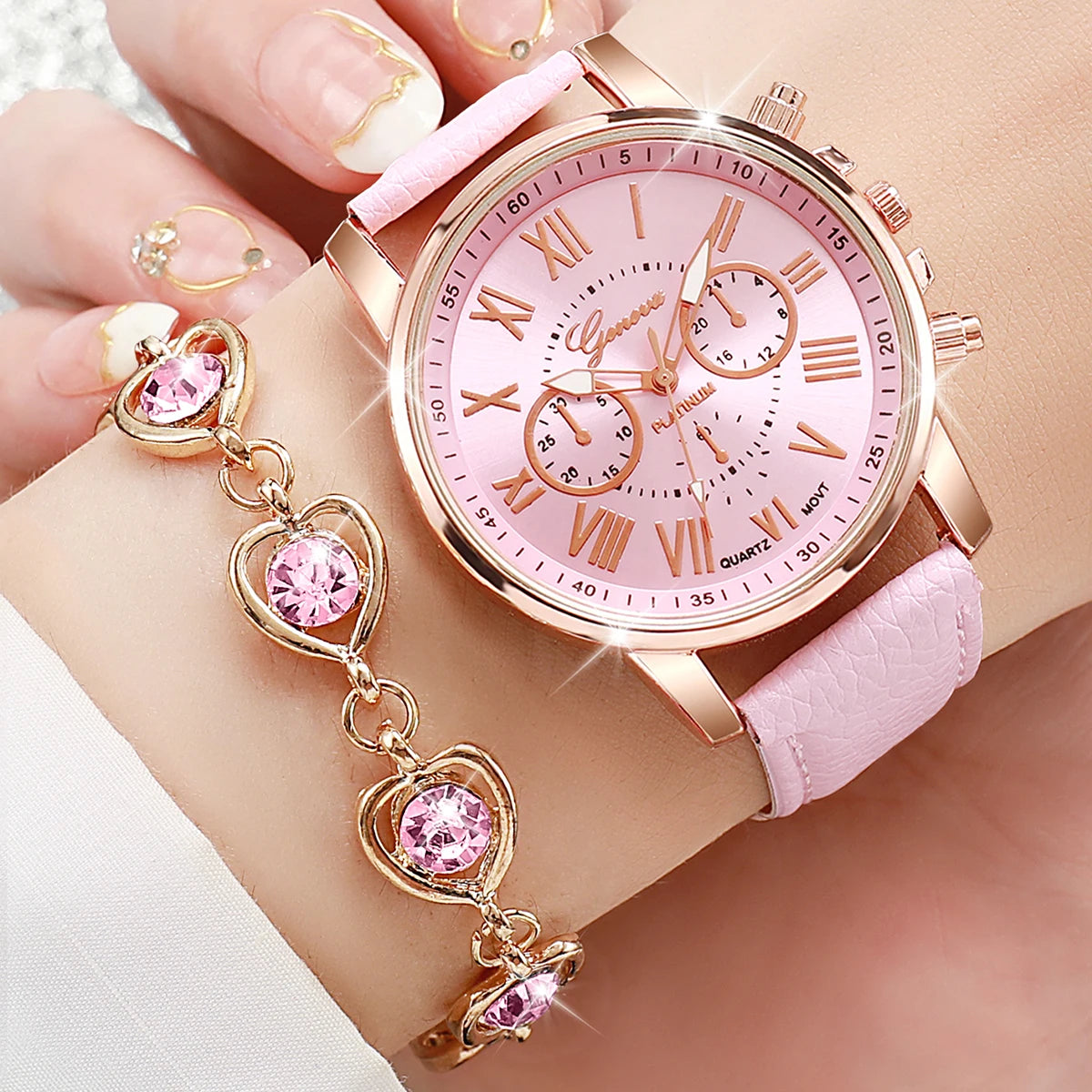 5PCS/Set Fashion Women Watch Rhinestone Heart Jewelry Set Geneva Watch Casual Leather Band Quartz Wristwatch(Without Box)