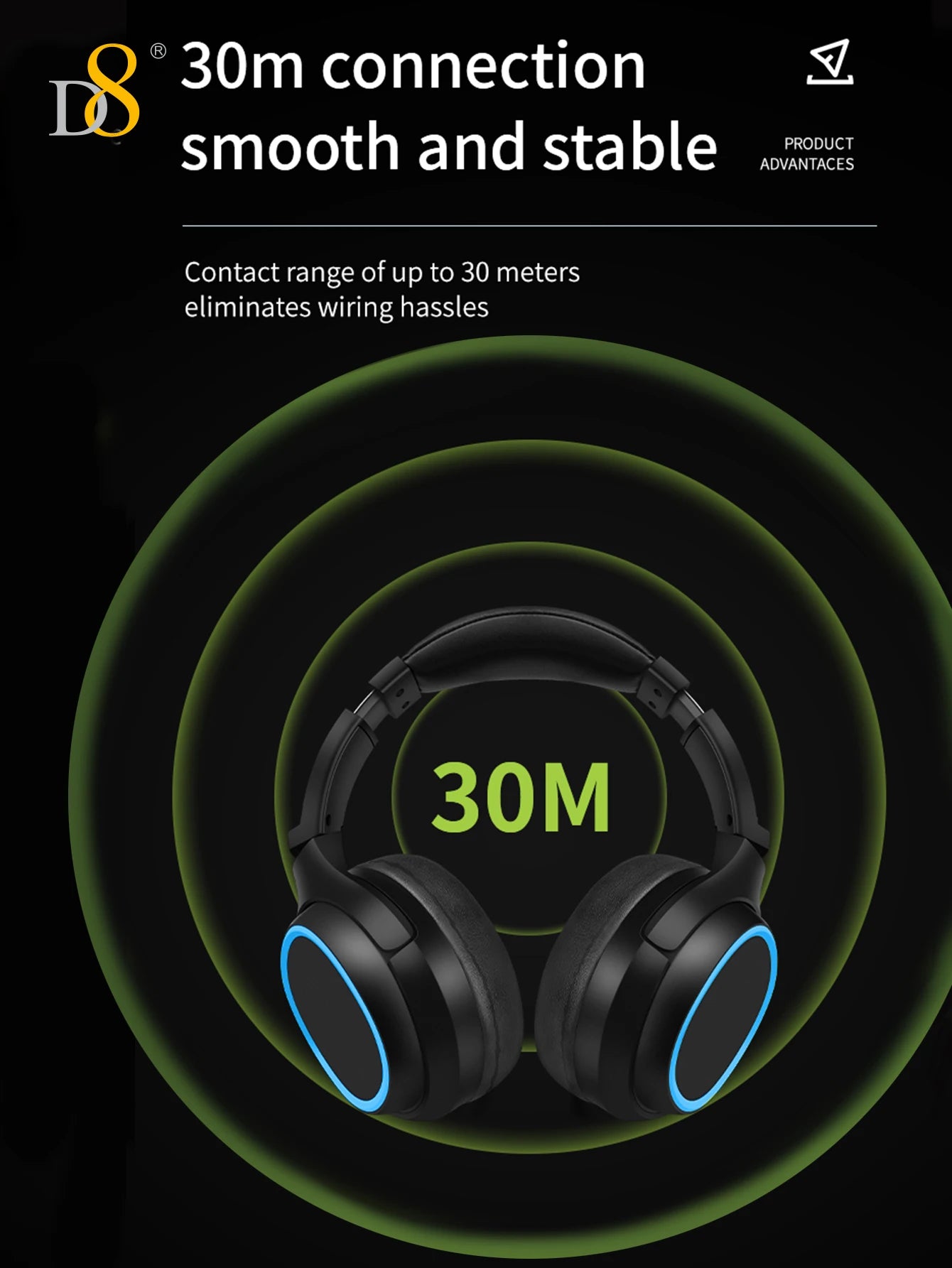 D8 Over Ear Headphones, Wireless and Wired Headset Built-in Microphone, Micro SD Card Slot - (Stealth) 40H Playtime