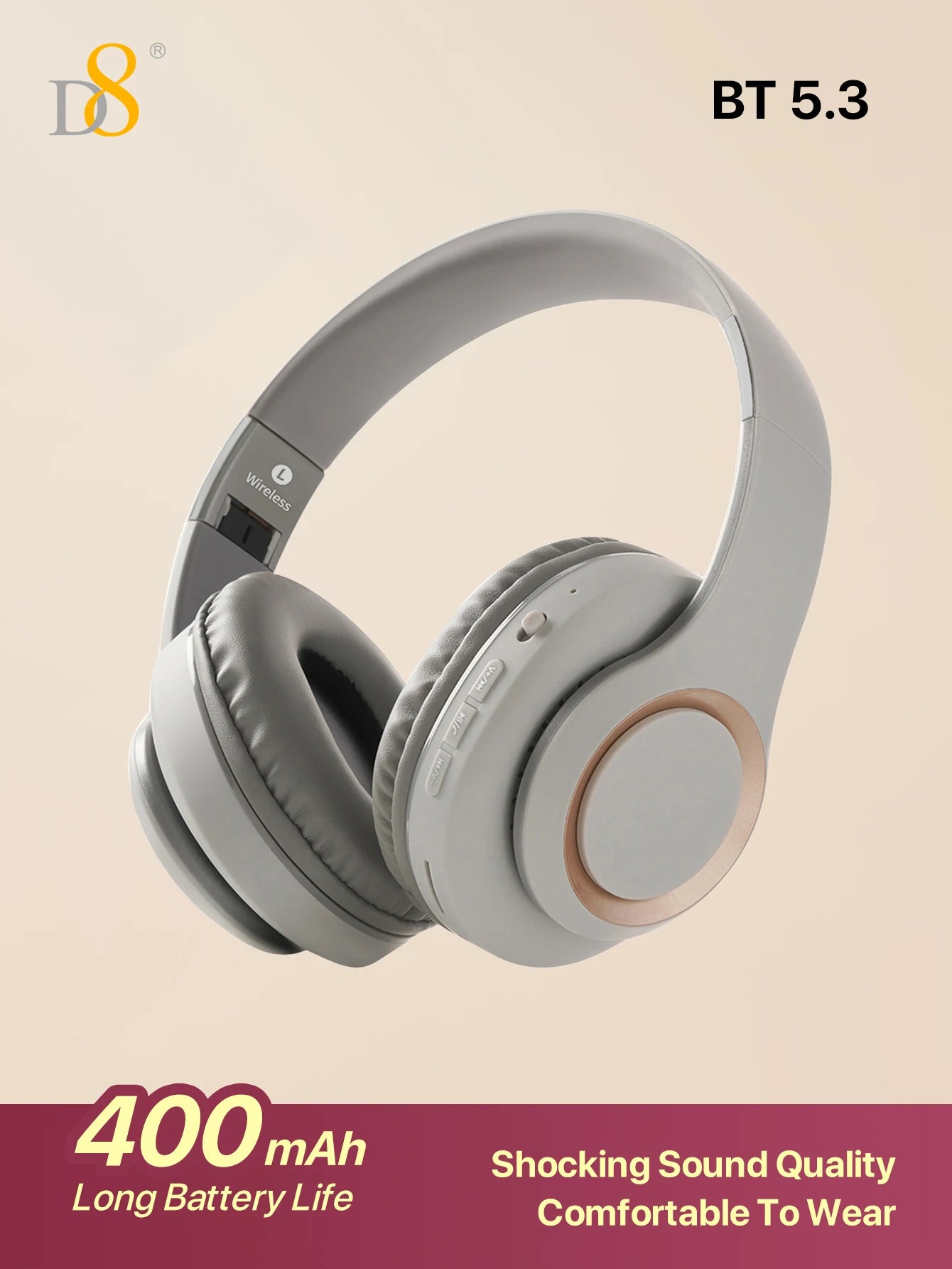 D8 Over Ear Headphones, Wireless and Wired Headset Built-in Microphone, Micro SD Card Slot - (Stealth) 40H Playtime