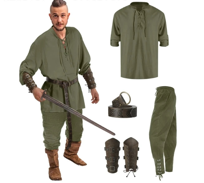Retro Vintage Medieval Renaissance Pants Outfits Waist Belt Shirt Arm Guards Pirate Men's Cosplay Costume Halloween