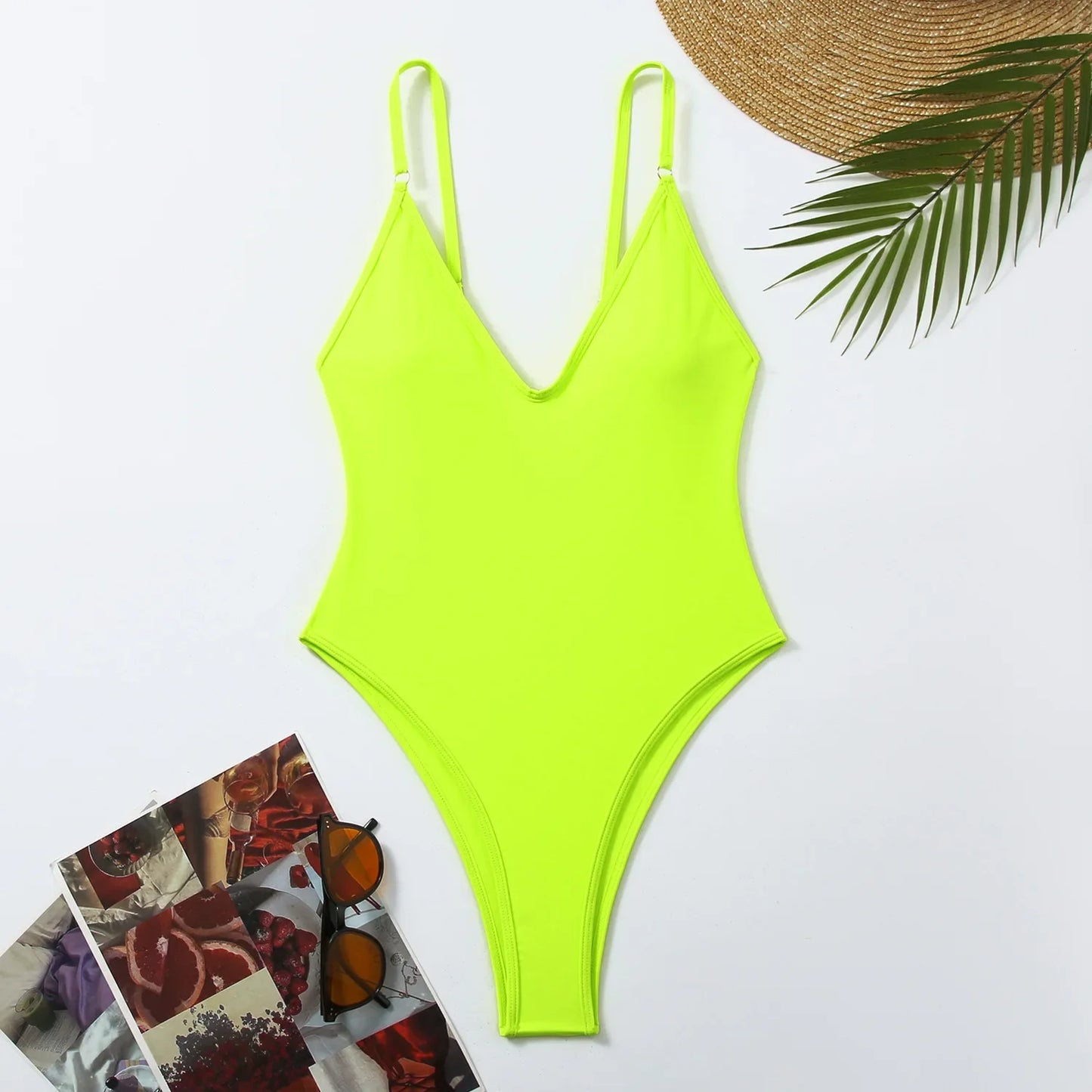 Eendelige badpak voor dames, zomervakantie badmode, string monokini badpak 2024, dames micro bikini effen neongeel