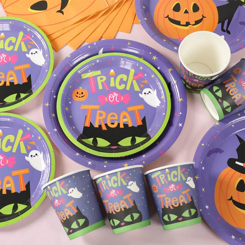 Halloween Pumpkin Black Cat Disposable Tableware Set Halloween Party Decor Kids Favors Trick or Treat Paper Plates Cup Napkins