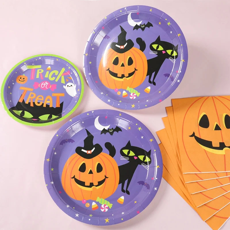 Halloween Pumpkin Black Cat Disposable Tableware Set Halloween Party Decor Kids Favors Trick or Treat Paper Plates Cup Napkins