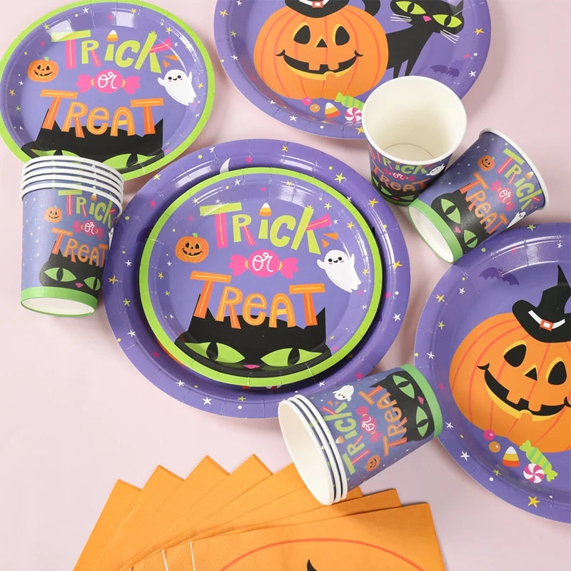Halloween Pumpkin Black Cat Disposable Tableware Set Halloween Party Decor Kids Favors Trick or Treat Paper Plates Cup Napkins