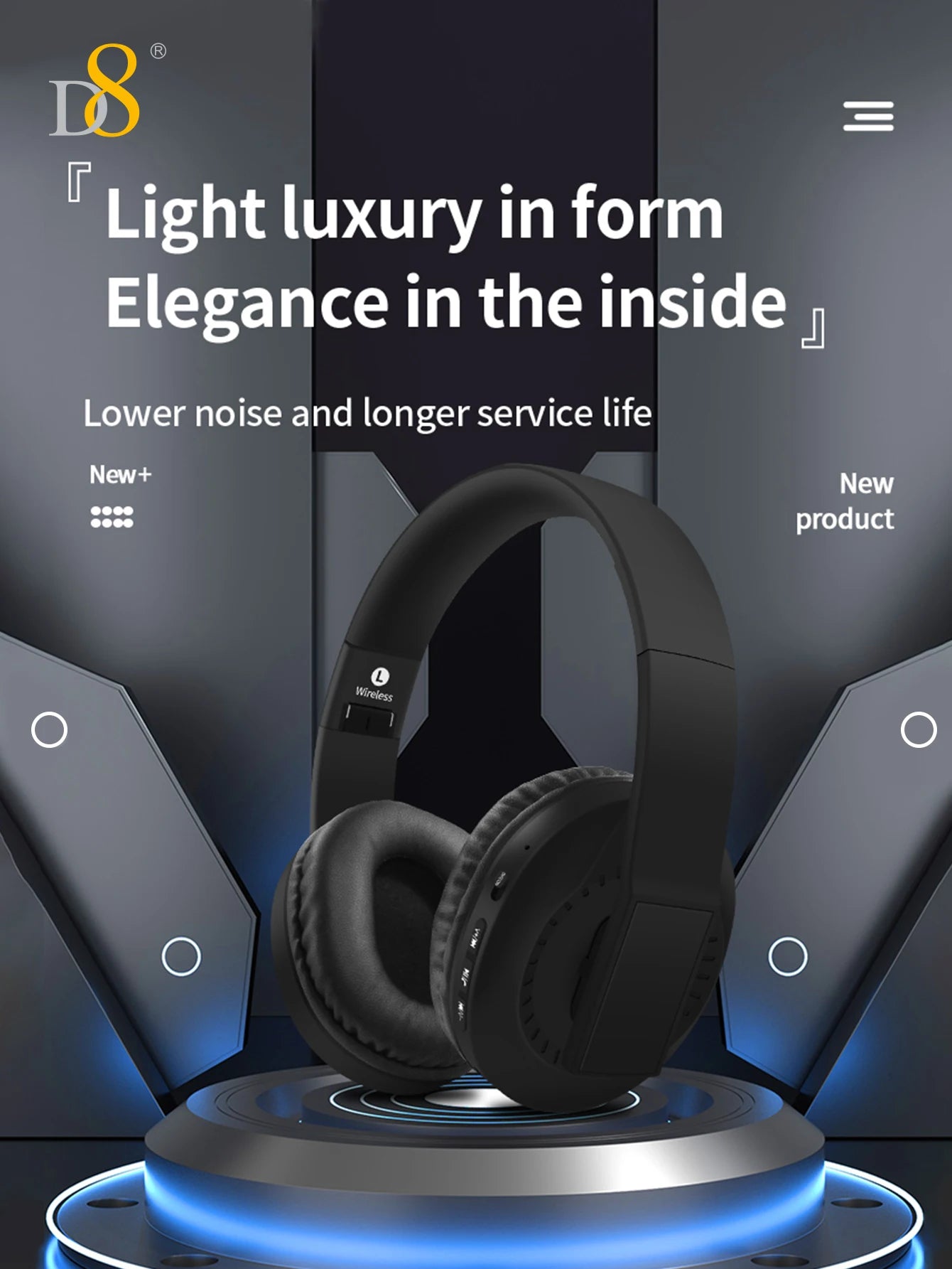 D8 Over Ear Headphones, Wireless and Wired Headset Built-in Microphone, Micro SD Card Slot - (Stealth) 40H Playtime