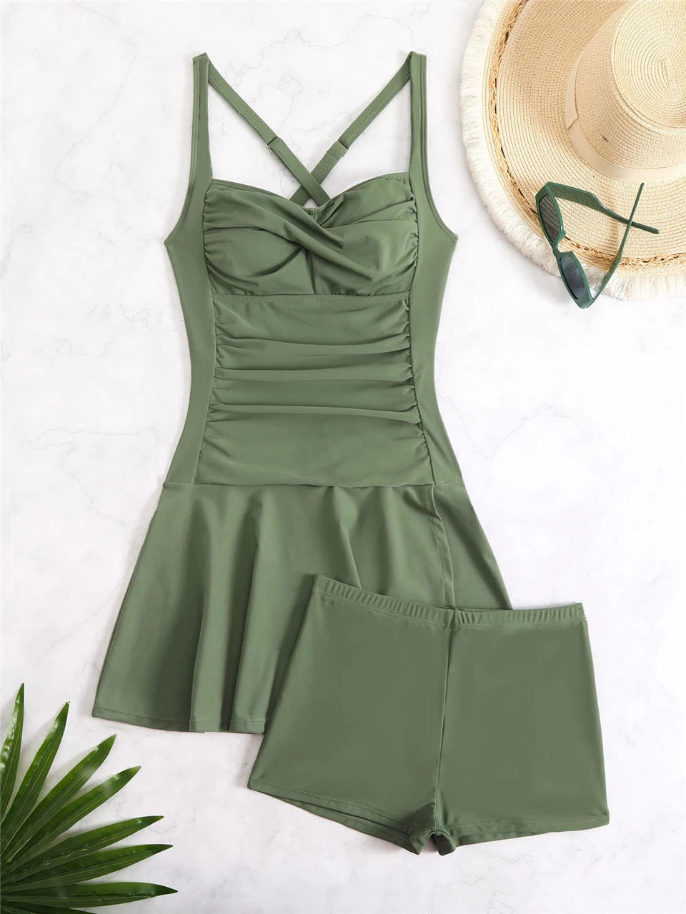 Effen tweedelig badpak 2025 dames geplooide tankini